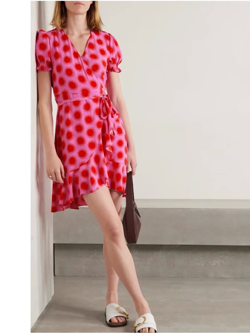 dvf Pink Wrap Mini Dress Polka Dot Print Puff Sleeve Tie Waist Size Small
